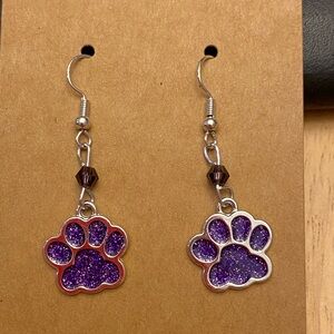 Hand Crafted Purple Paw Print Beaded Dangle Earrings
